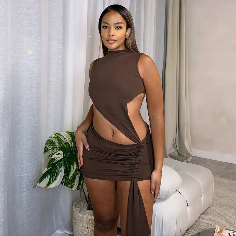 Chic Backless Pleated Irregular Dress with Flutter Details VestiVogue