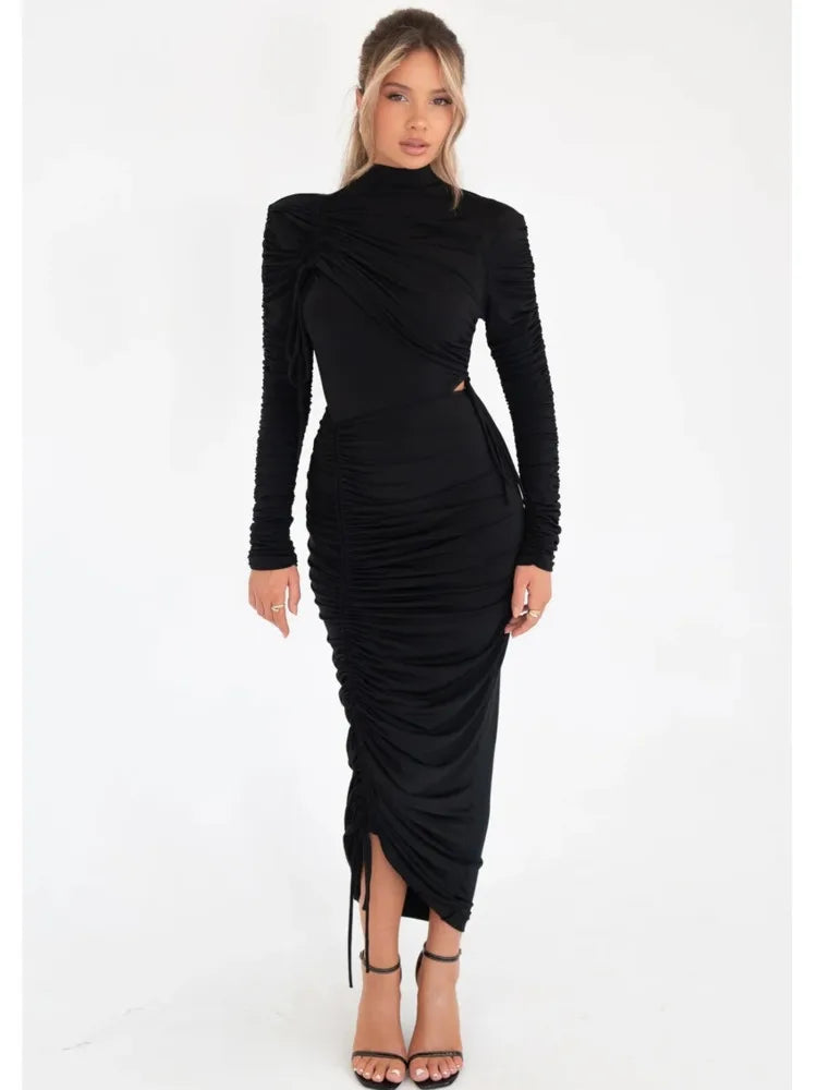 Long Sleeved Pleated Maxi Dress for Women VestiVogue  