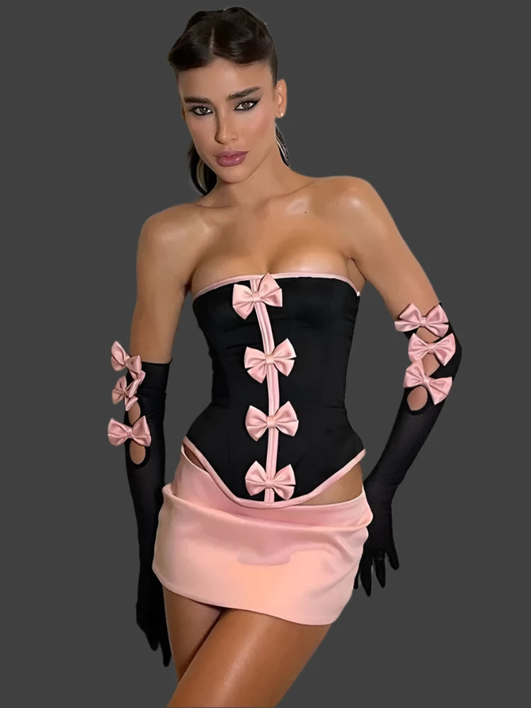 Sexy Strapless Two-Piece Set with Bow Trim and Gloves VestiVogue  