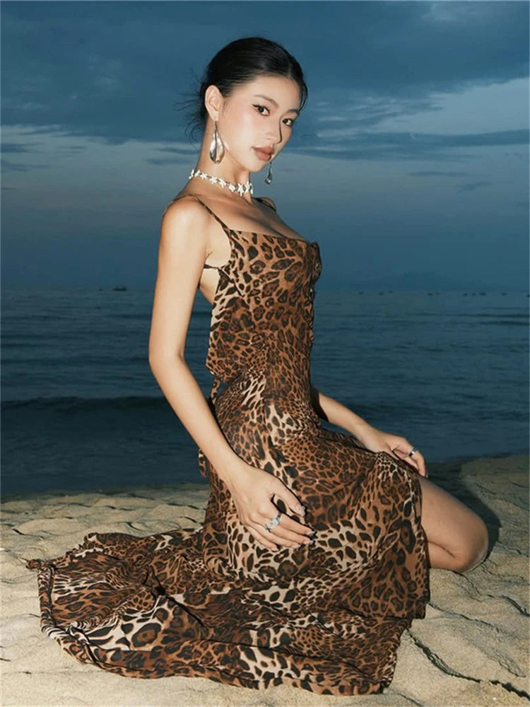 Leopard Print High-Split Backless Maxi Dress VestiVogue