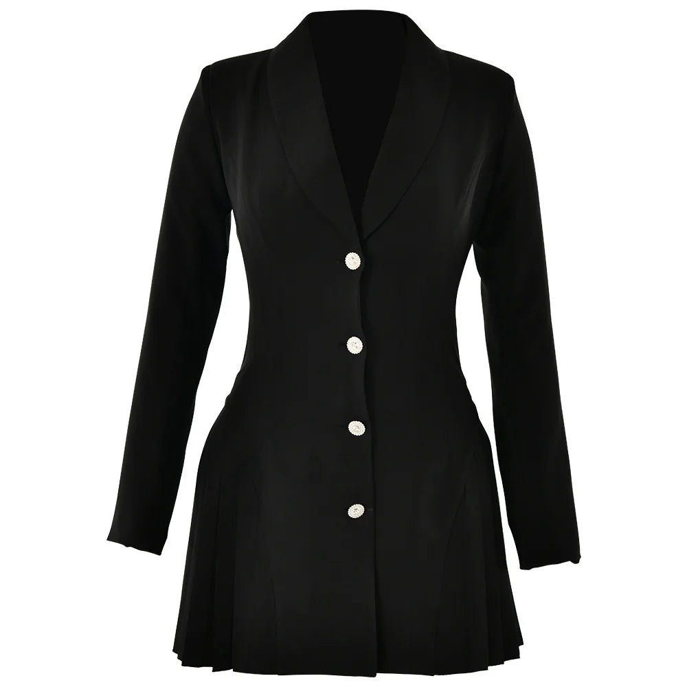 Elegant V-Neck Black Blazer Dress with Pleats VestiVogue Black 1918 S