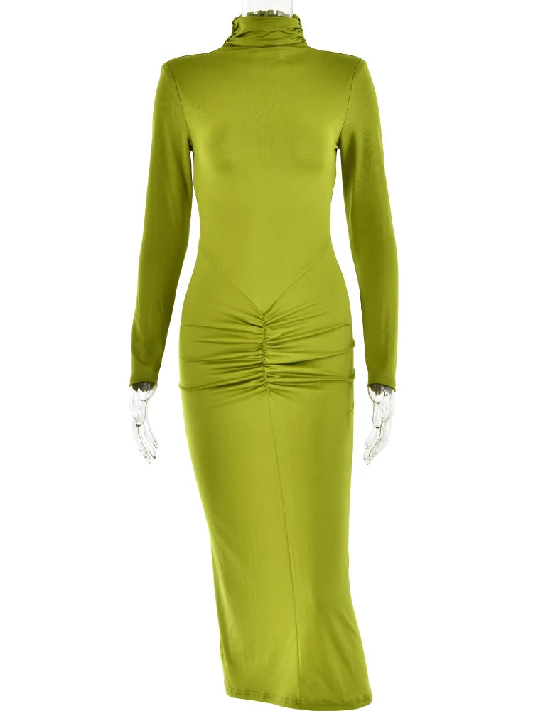 High Neck Bodycon Midi Dress for Women VestiVogue green S