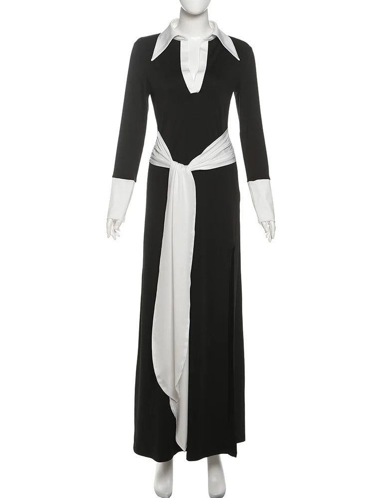 Chic Panelled Maxi Dress with Turn-Down Collar and Full-Length Sleeves VestiVogue