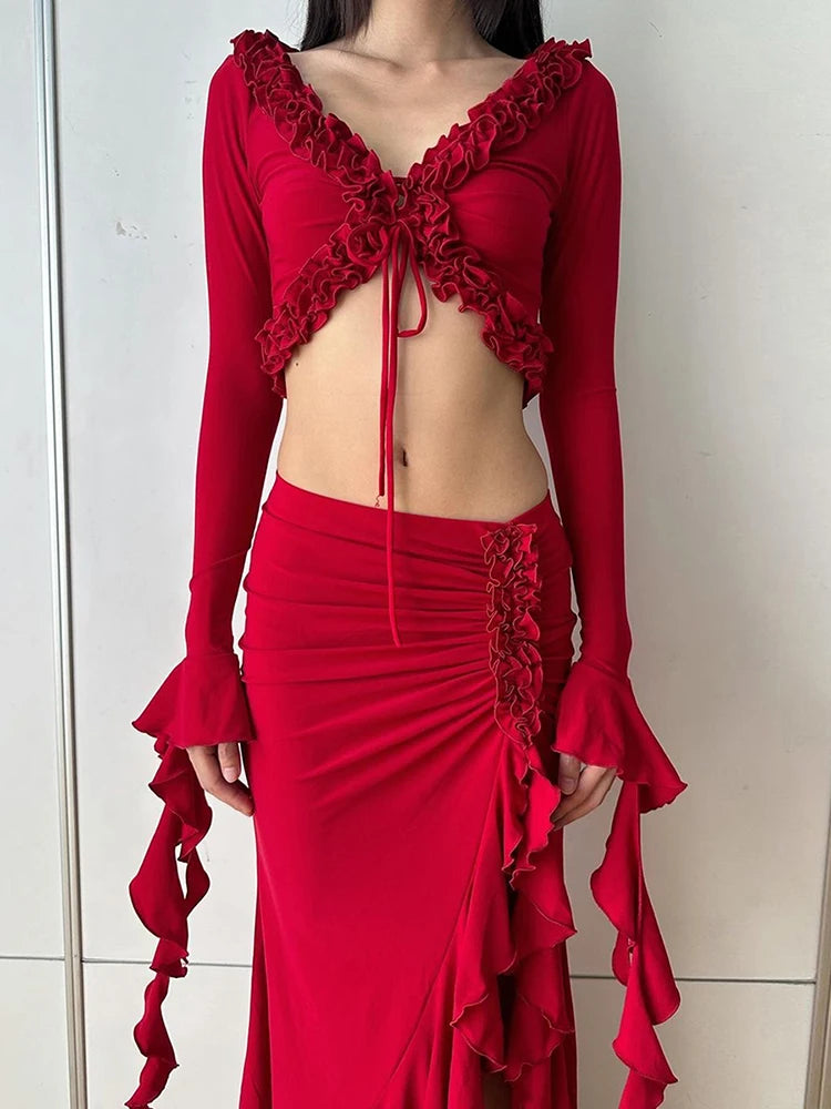 Ruched Lace Crop Top & Side Split Skirt Set VestiVogue Red L