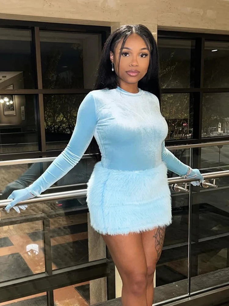 Chic O-Neck Bodysuit & Furry Mini Skirt Set VestiVogue