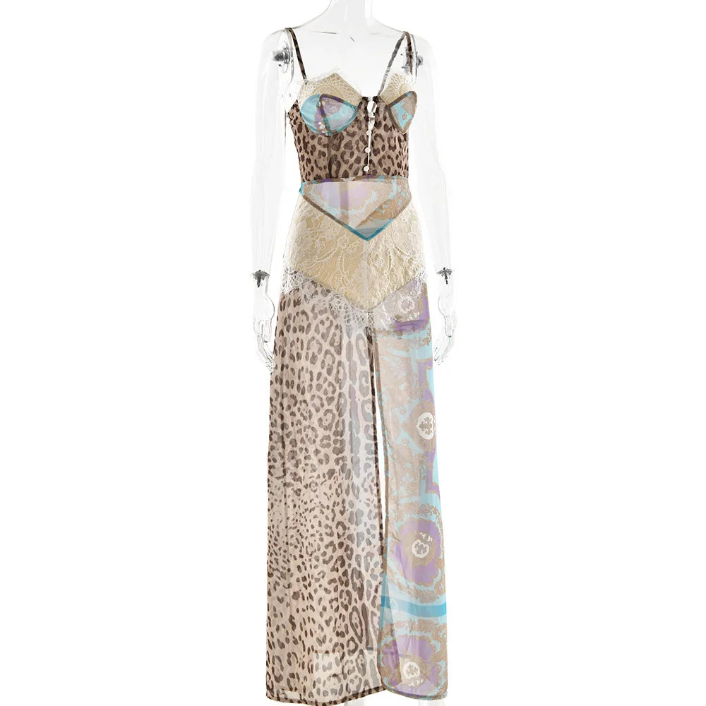 Leopard Print Sleeveless Maxi Dress with Side Slit VestiVogue