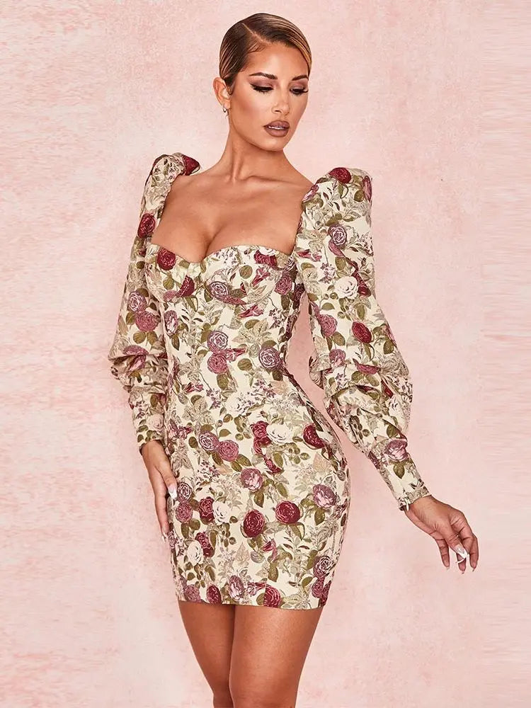 Flower Beige Bodycon V-Neck Mini Dress VestiVogue