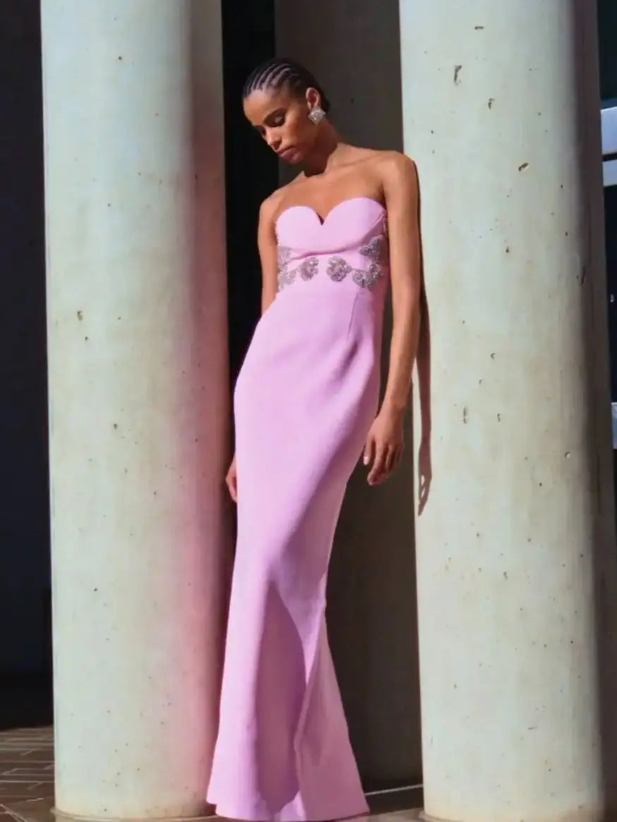 Elegant Strapless Crystal Pink Bodycon Dress VestiVogue  