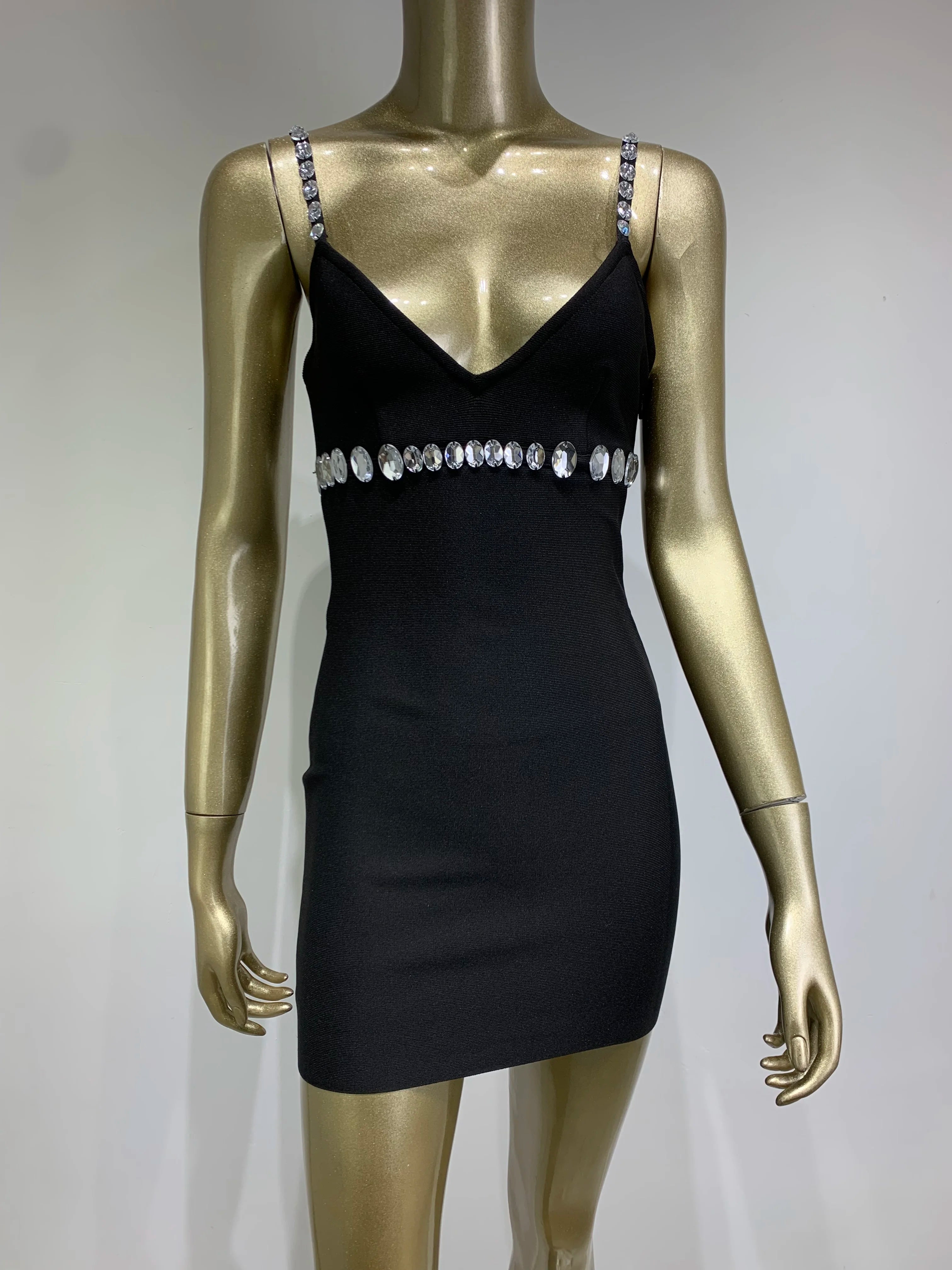 Diamond V-Neck Bodycon Mini Dress - Black VestiVogue  