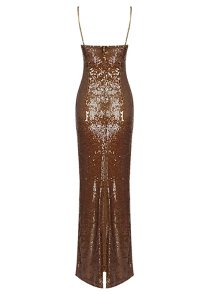 Elegant Brown Backless Bodycon Maxi Dress with Sequins VestiVogue  