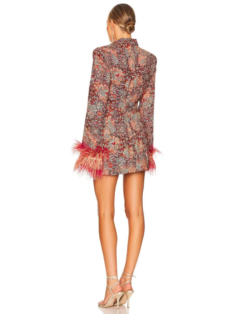 Women's Winter Floral Blazer Dress with Ostrich Feather Trim VestiVogue  