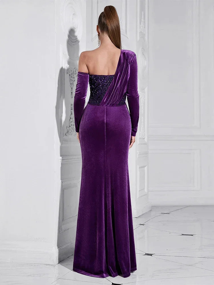 Asymmetrical Sequins Velvet Maxi Dress with Split VestiVogue