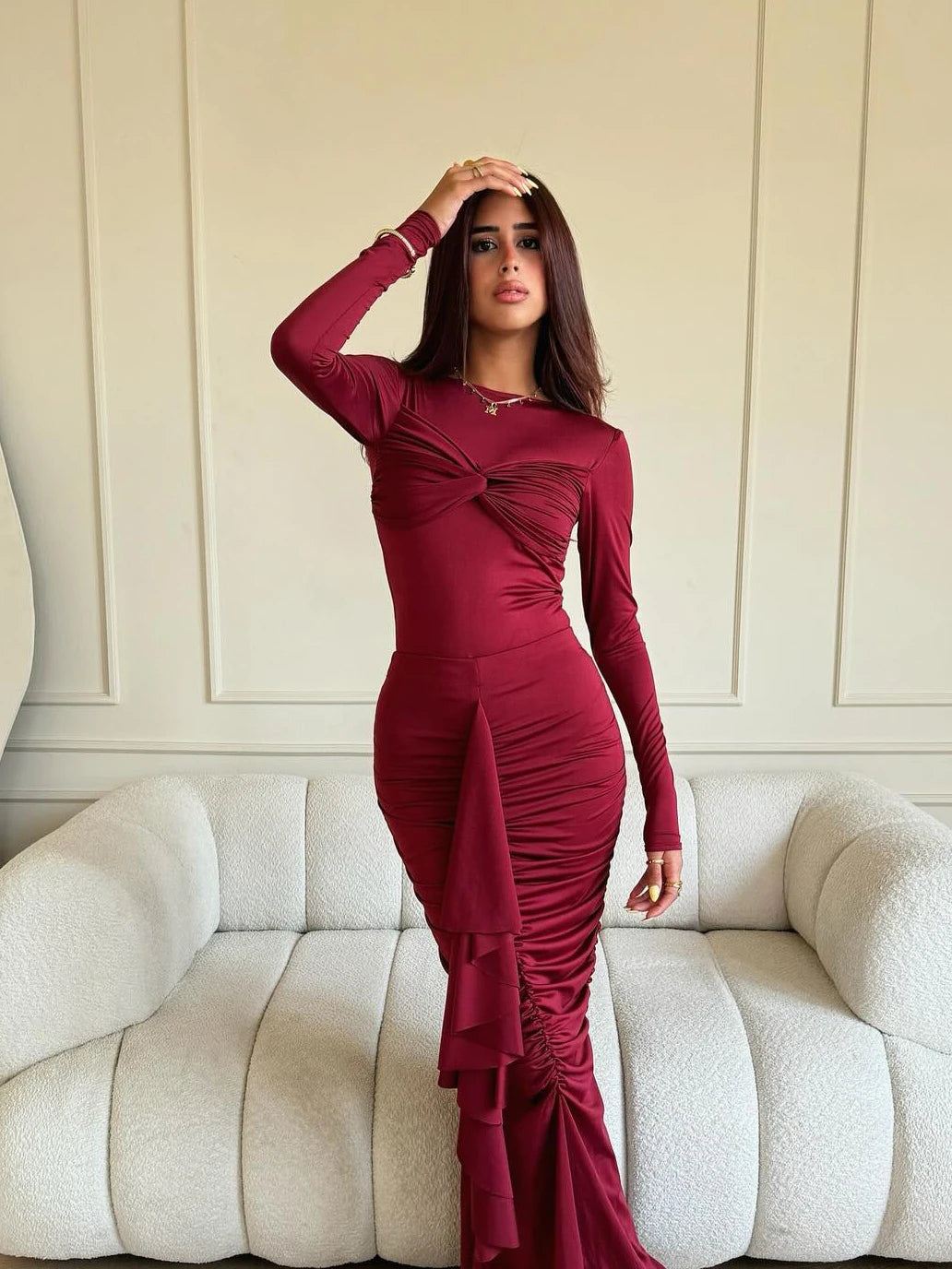 Elegant Long Sleeved Sheath Maxi Dress for Autumn/Winter VestiVogue Claret L