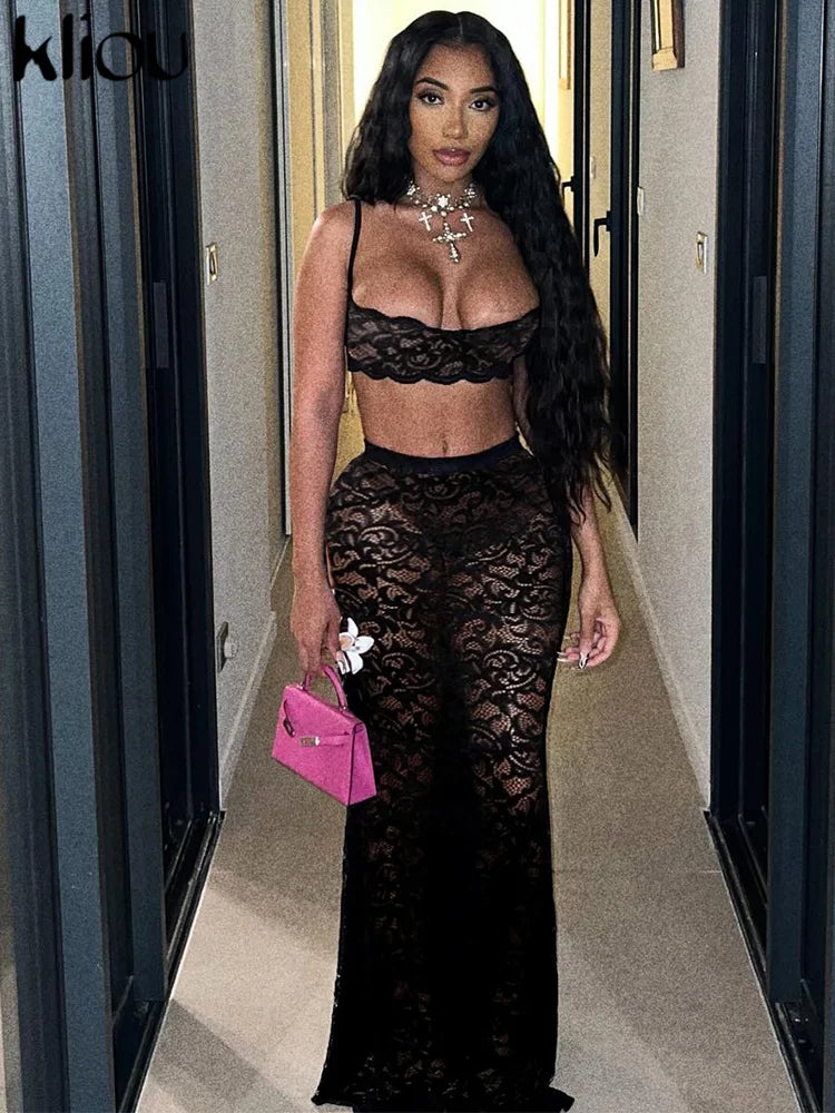 Luxe Lace 2-Piece Midriff Camisole and Long Skirt Set VestiVogue black S