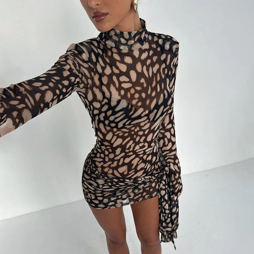 Sheer Leopard Print Turtleneck Mini Dress VestiVogue