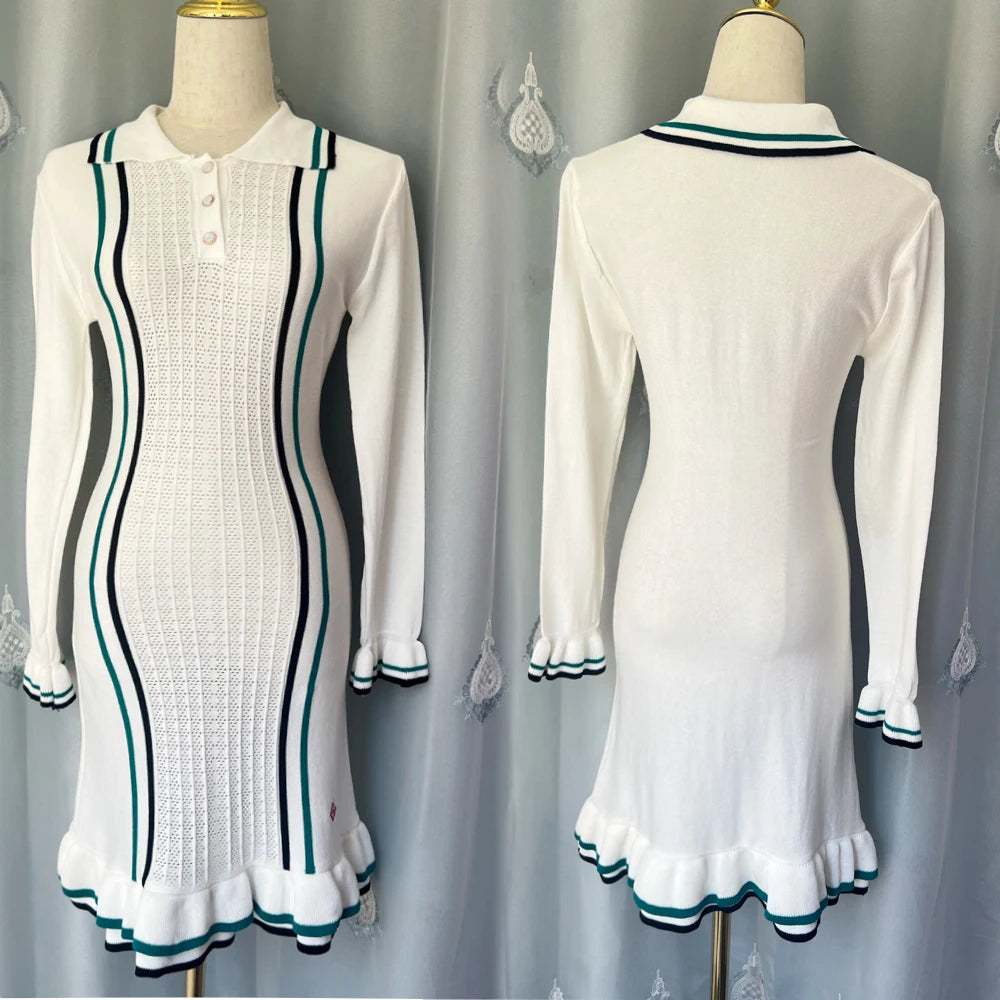 Chic Knitted Mini Dress with Ruffled Turn-Down Collar VestiVogue Long Sleeve 2855 One Size