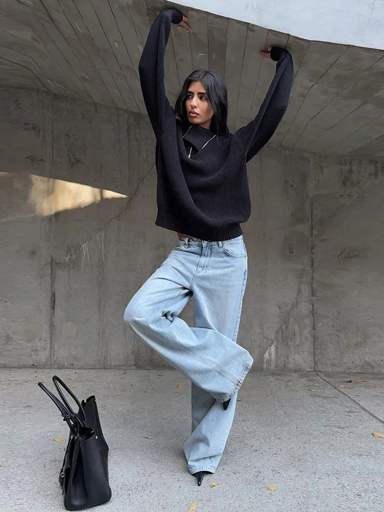 Chic Irregular Zip Knit Sweater with Turn-Down Collar VestiVogue