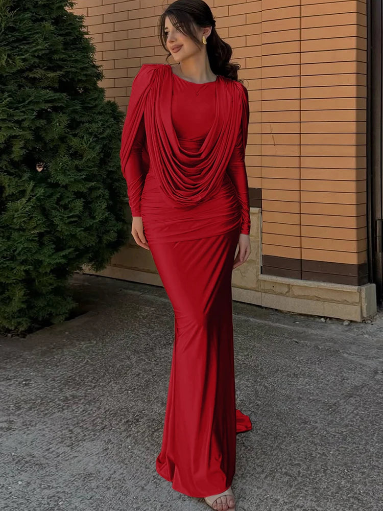 Ruched High-Waist Long Dress with Full Sleeves VestiVogue Red S