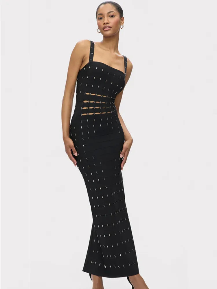 Elegant Black Beaded Sleeveless Bodycon Maxi Dress VestiVogue