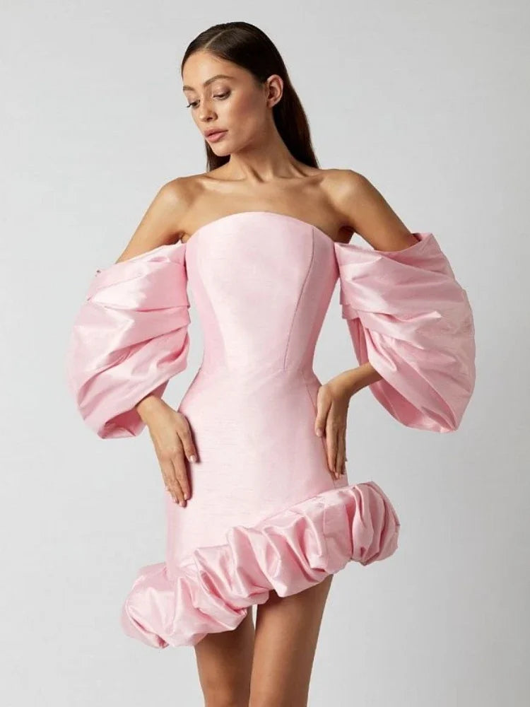 Elegant Off-Shoulder Pink Midi Puff Sleeve Bodycon Dress VestiVogue