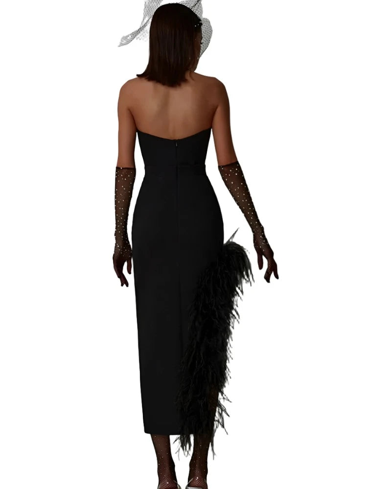 Strapless Feather Split Bodycon Dress VestiVogue  