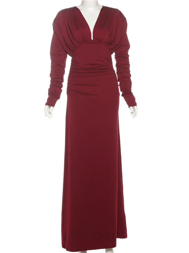 Elegant Ruched Maxi Dress with V-Neck and Long Sleeves VestiVogue
