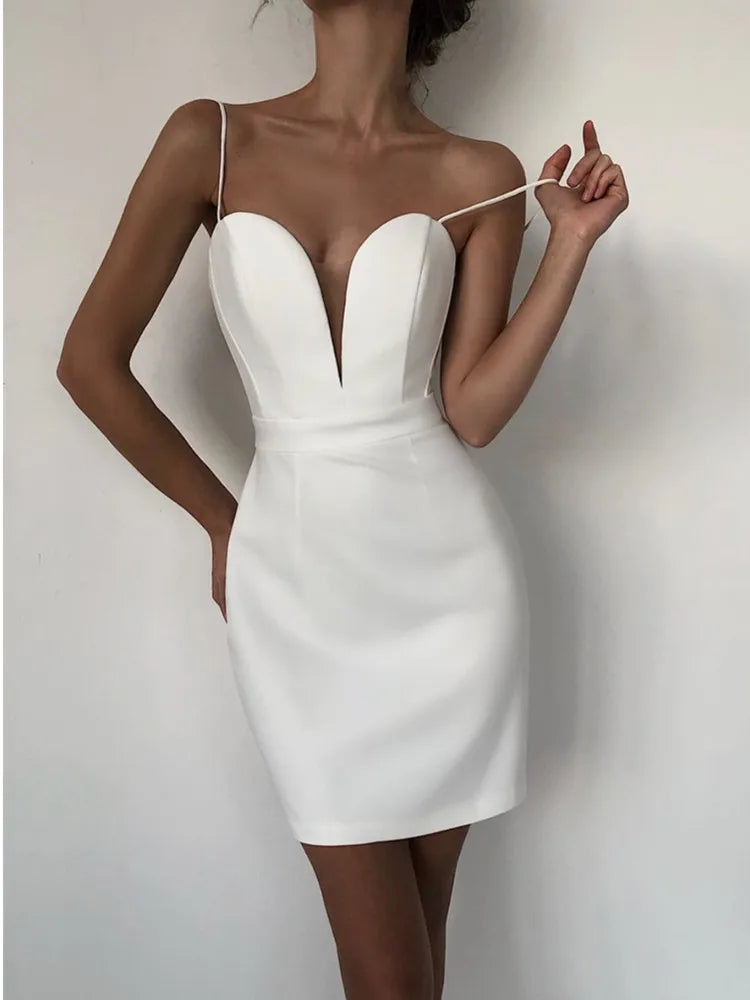 V Neck Backless Mesh Mini Bodycon Dress in White & Black VestiVogue WHITE XS（old）