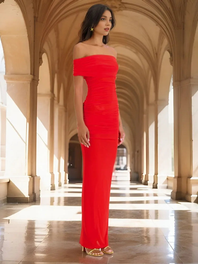 Red Off-Shoulder Ruched Maxi Dress VestiVogue