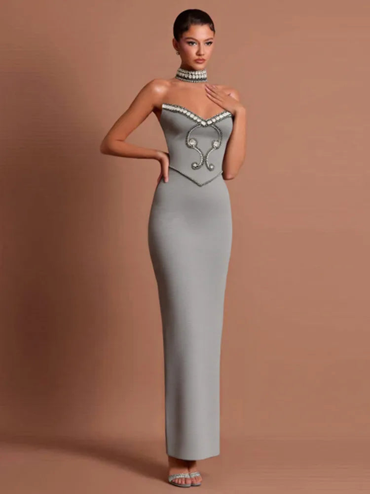 Beaded Grey Strapless Maxi Bodycon Dress VestiVogue Dark Grey M