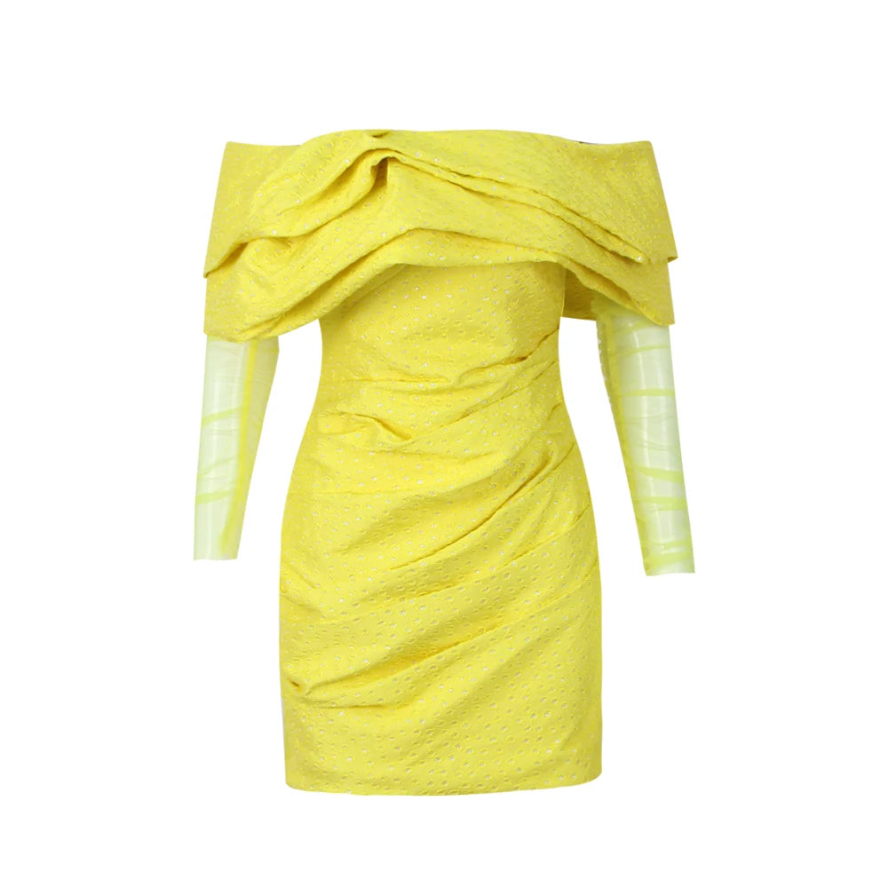 Elegant Yellow Strapless Mini Dress with Mesh Patchwork VestiVogue