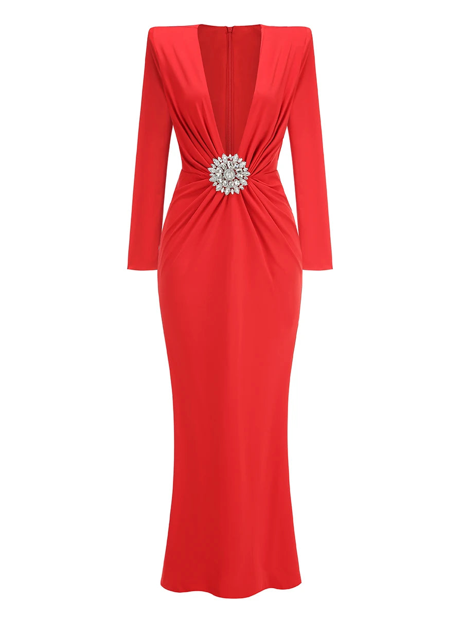 Long Sleeve Crystal Detail Maxi Dress for Women VestiVogue Red M