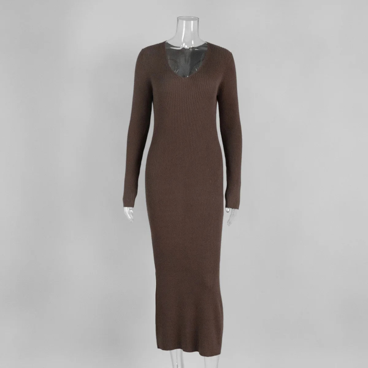 Elegant Long Sleeve V-Neck Knitted Maxi Dress VestiVogue Brown 1992 L