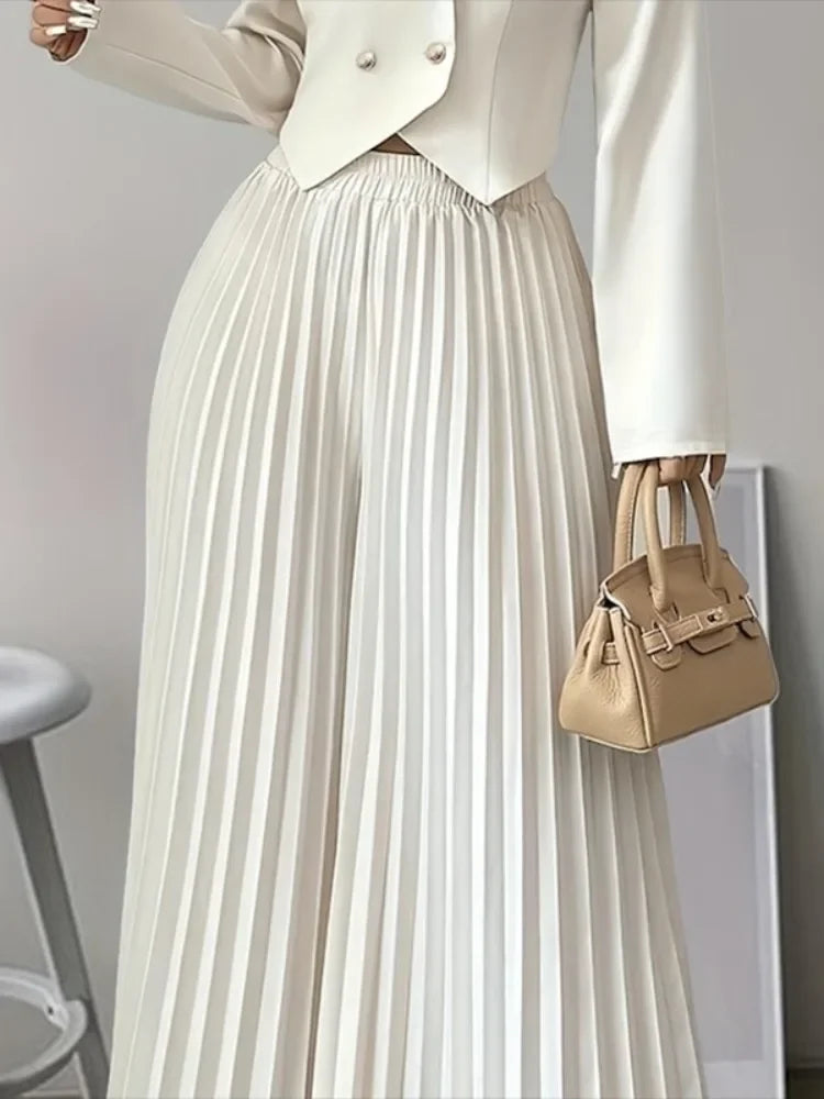 Pleated Wide Leg Skirt Pants with Elastic Waist VestiVogue