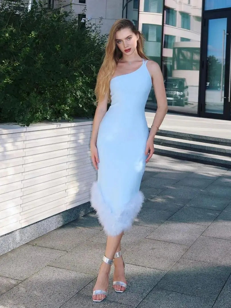 One Shoulder Light Blue Midi  Bandage Bodycon Dress VestiVogue  