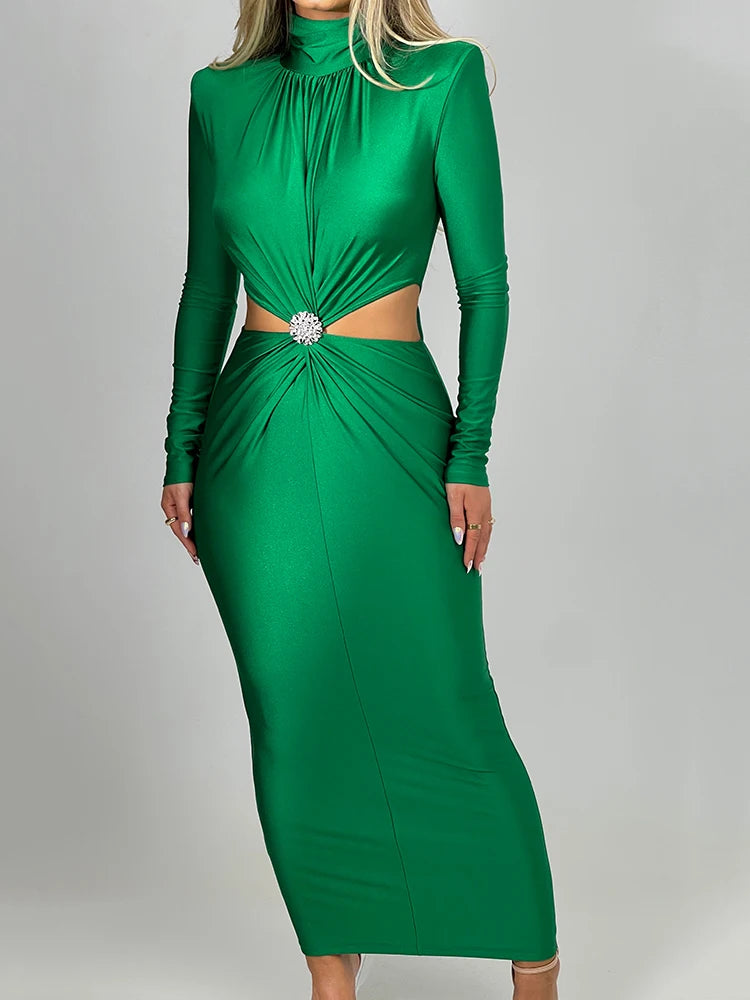 Elegant Hollow Out Diamond Bodycon Dress for Women VestiVogue L green