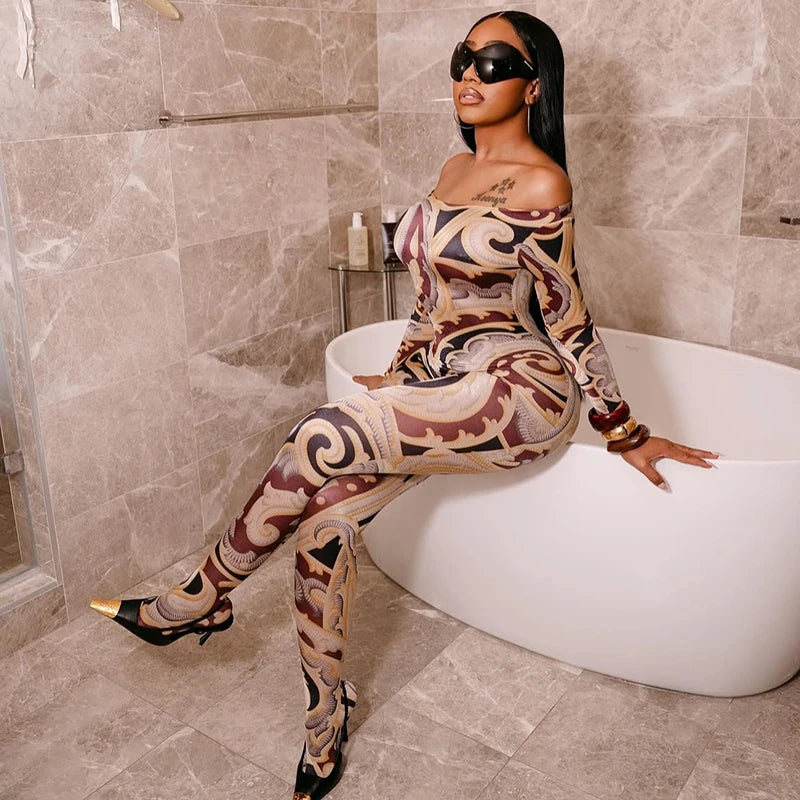 Chic One-Shoulder Printed Jumpsuit with Slim Fit and Long Sleeves VestiVogue