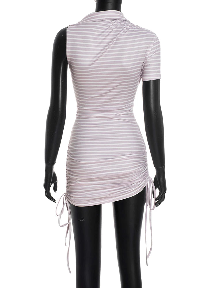 Asymmetrical Lapel Mini Dress with Drawstring Detail