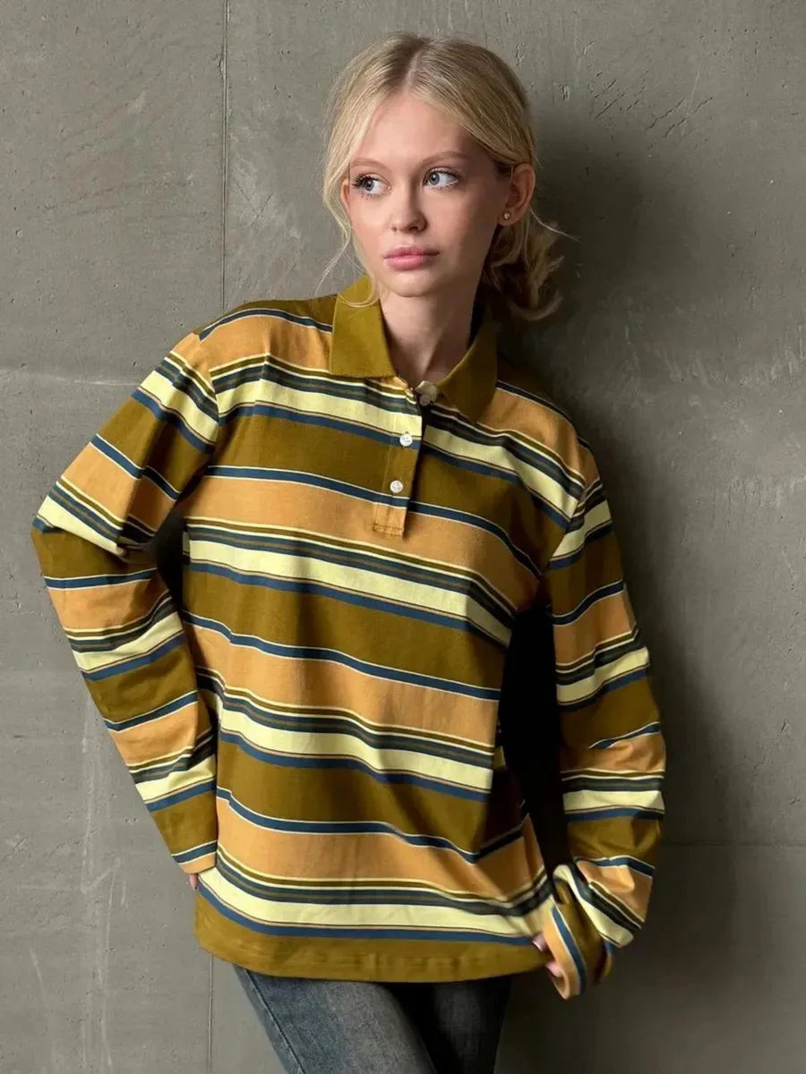 Chic Striped Long-Sleeved Polo Shirt VestiVogue