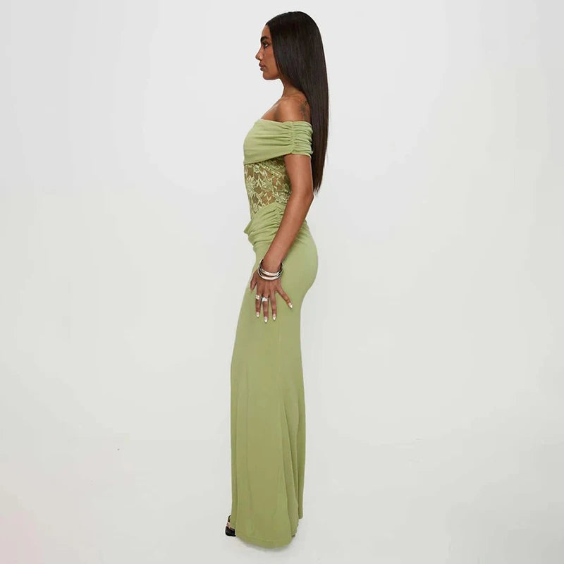 Off-Shoulder Lace Patchwork Long Dress VestiVogue