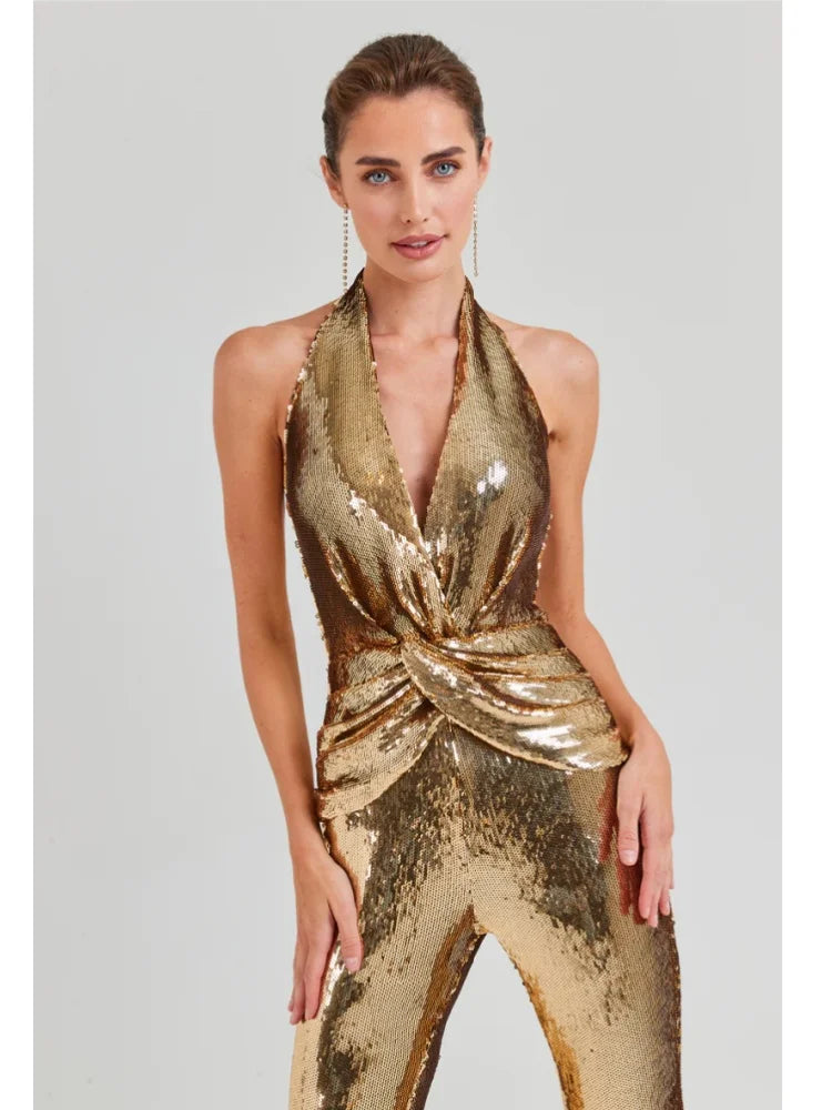 Gold Sequin Boot Cut Jumpsuit VestiVogue