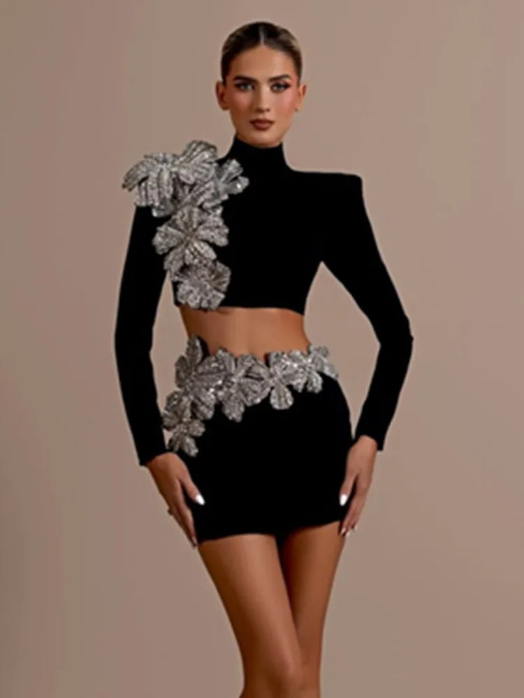 Chic Floral Bandage Mini Skirt Set with Long Sleeves VestiVogue black S