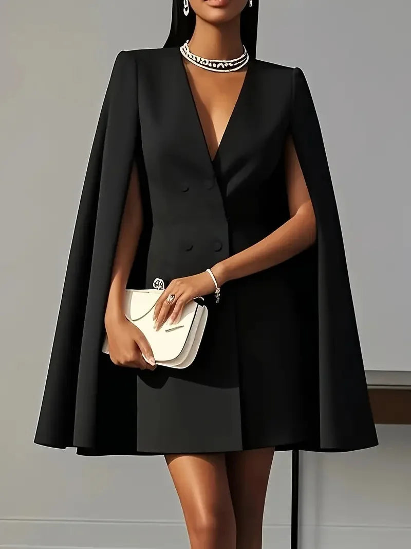Elegant V-Neck Double Breasted Blazer Dress with Cape Sleeves VestiVogue Black 1993 XL