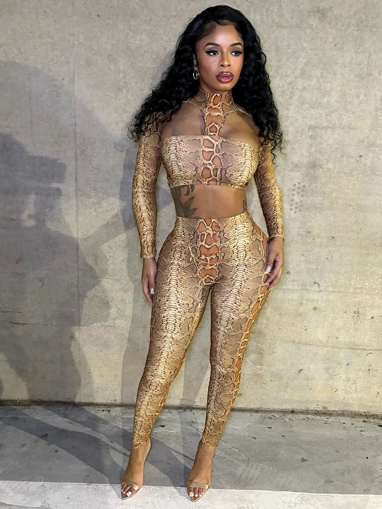 Backless Snake Print Crop Top & Leggings Set VestiVogue