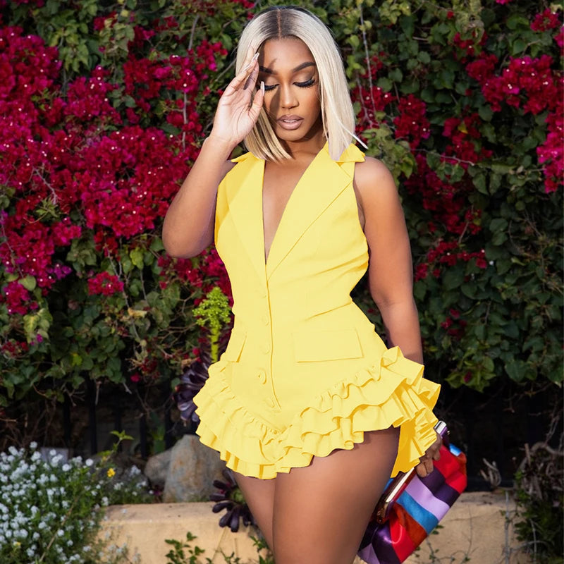 Lapel Button Deep V Ruffle Swing Playsuit VestiVogue