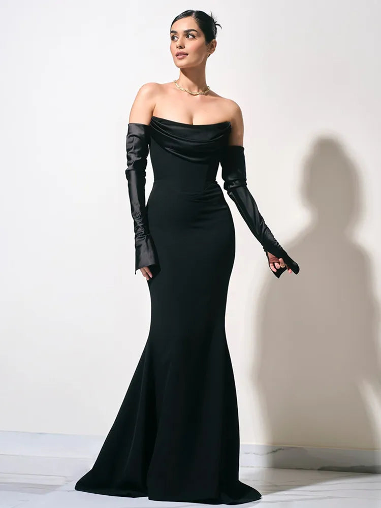 Elegant Off-Shoulder Black & White Lace Maxi Gown VestiVogue