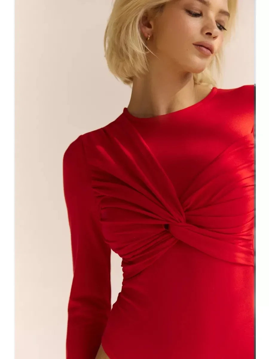 Timeless Long Sleeve Knot Bodysuit Jumpsuit in Solid Colour VestiVogue RED LTY1002 S