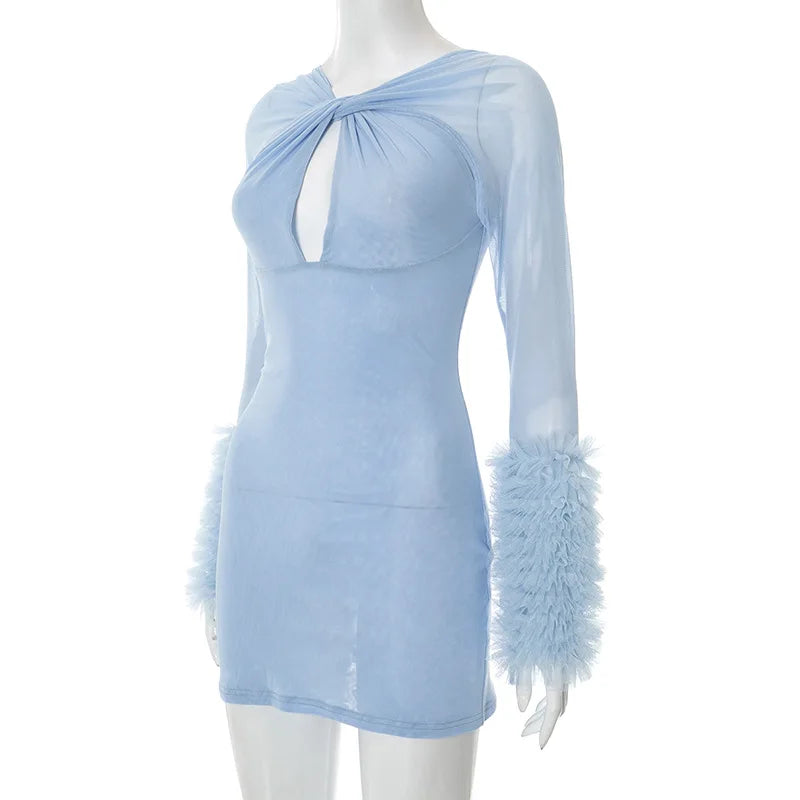 Elegant Sheer Patchwork Midi Dress with Hollow Cross Detailing VestiVogue