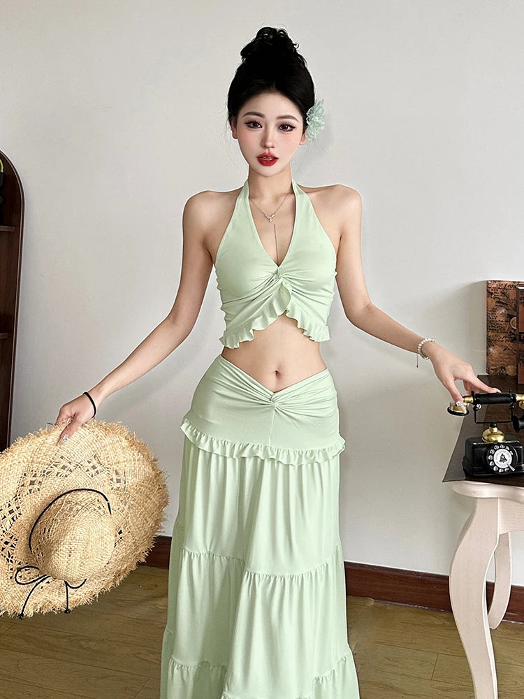 Chic Halter Ruffle Trim Two-Piece Summer Set VestiVogue green XL