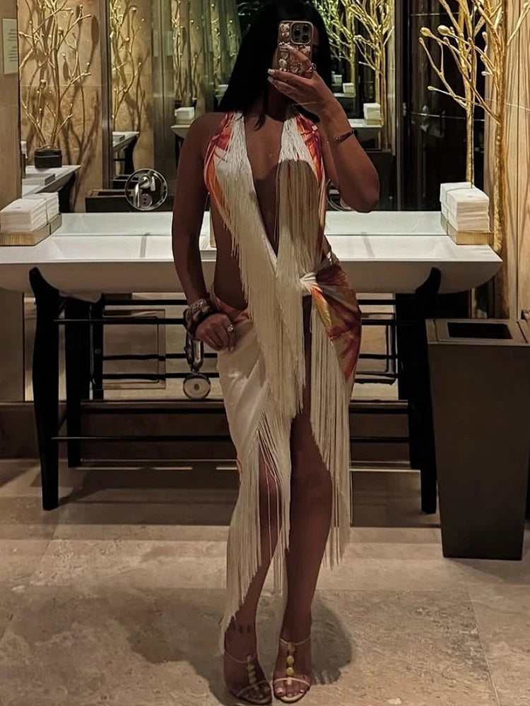 Tassel & Bow Backless Camisole with Floral Ruched Mid Skirt Set VestiVogue