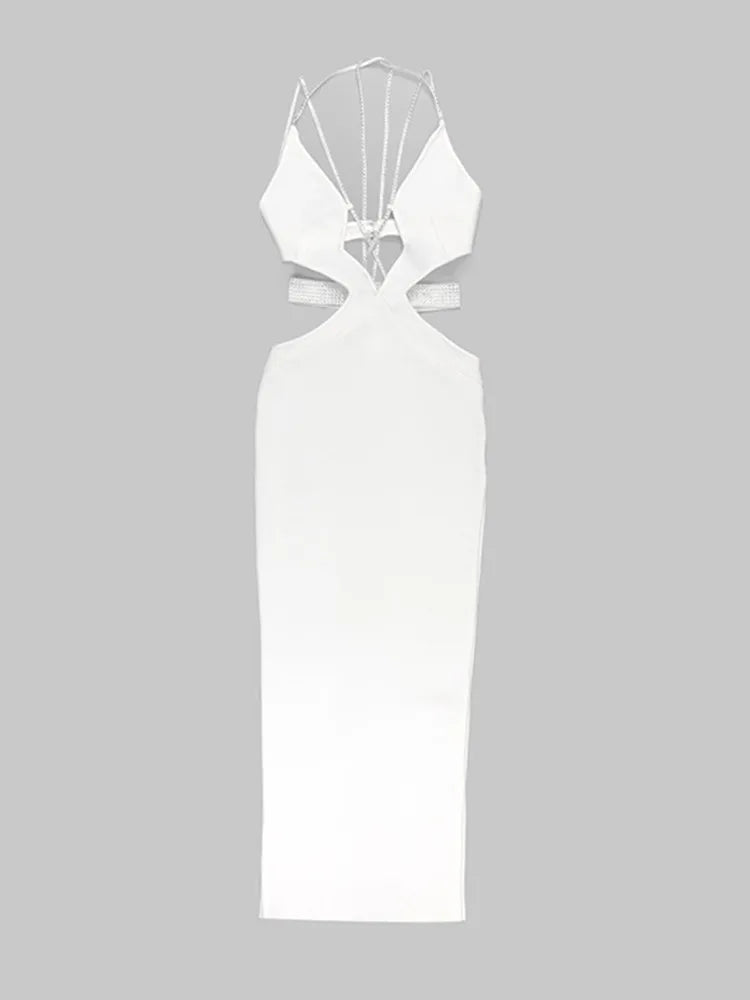 White Sexy V Neck Cut Out Crystal Maxi Dress VestiVogue